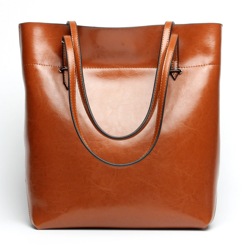 New genuine leather large-capacity tote bag, simple soft cowhide hand-held shoulder bag, school bag