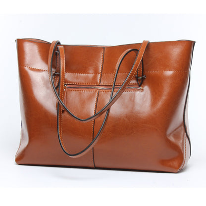 New genuine leather large-capacity tote bag, simple soft cowhide hand-held shoulder bag, school bag