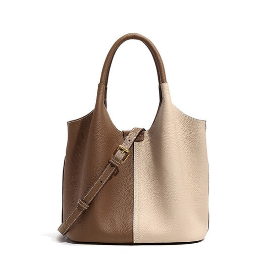 Tote bag genuine leather bag women's wide shoulder strap new contrast color shoulder bag armpit bag