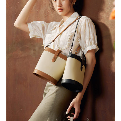 Small bucket bag for women 2024 new cowhide shoulder bag niche fashion contrasting crossbody bag high-end genuine leather bag for women