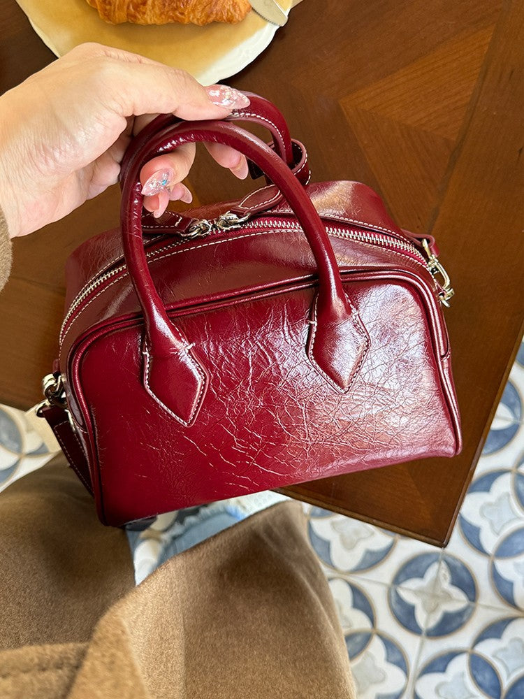 Genuine leather handbag women's niche high-end pillow bag new cowhide women's bag cross-body bag red wedding bag