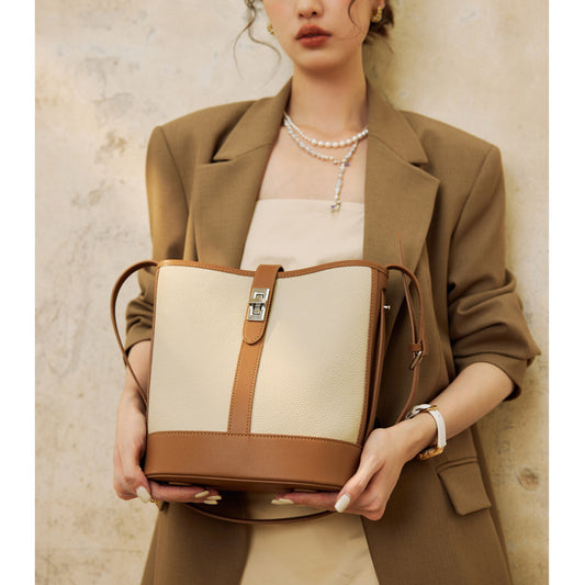 Large-capacity bag women's new niche light luxury high-end cowhide bucket bag large genuine leather women's bag shoulder bag