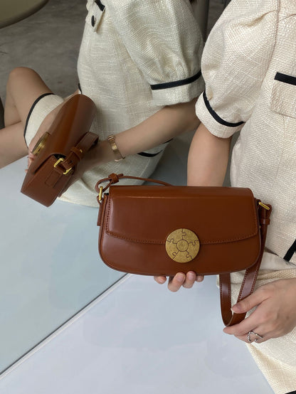 Underarm bag, high-end shoulder bag, women's cowhide small square bag, retro baguette bag, genuine leather women's bag, cross-body niche, light luxury