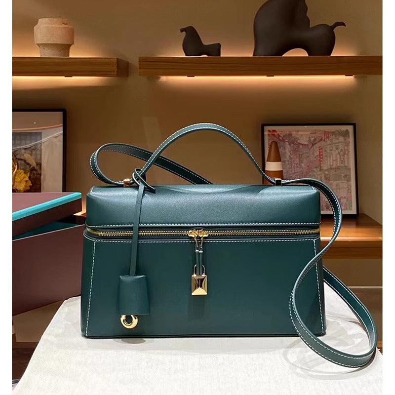 Large lockable lunch box bag handbag women's niche genuine leather bag large capacity retro crossbody bag shoulder bag