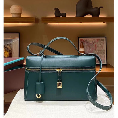 Large lockable lunch box bag handbag women's niche genuine leather bag large capacity retro crossbody bag shoulder bag