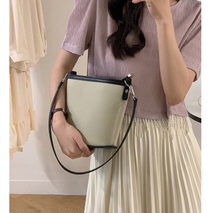 Small bucket bag for women new niche design cowhide shoulder bag fashion contrast color genuine leather women's bag crossbody bag