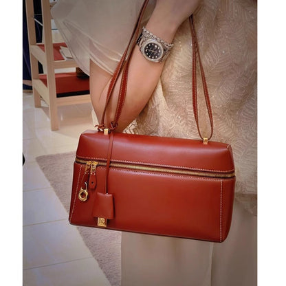 Large lockable lunch box bag handbag women's niche genuine leather bag large capacity retro crossbody bag shoulder bag