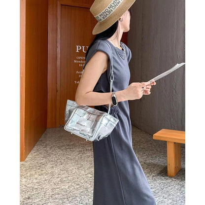 Bucket bag 2024 new style cowhide woven bag portable vegetable basket bag crossbody bag high-end genuine leather women's bag