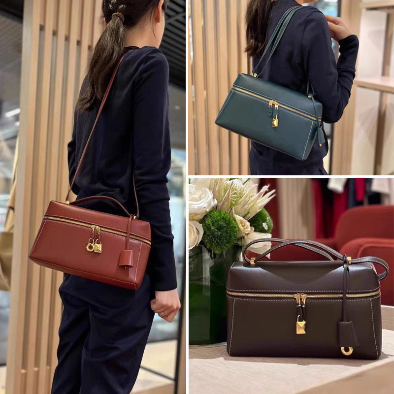 Large lockable lunch box bag handbag women's niche genuine leather bag large capacity retro crossbody bag shoulder bag