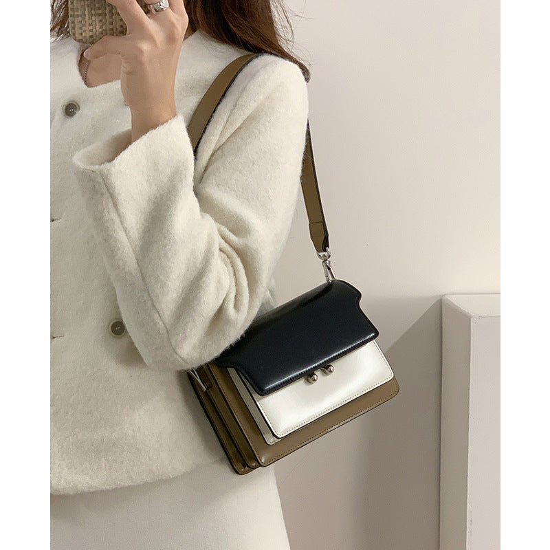 Underarm bag women's new contrast color single shoulder crossbody women's bag niche design retro high-end genuine leather small square bag