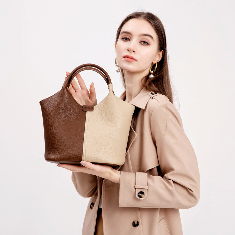 Tote bag genuine leather bag women's wide shoulder strap new contrast color shoulder bag armpit bag