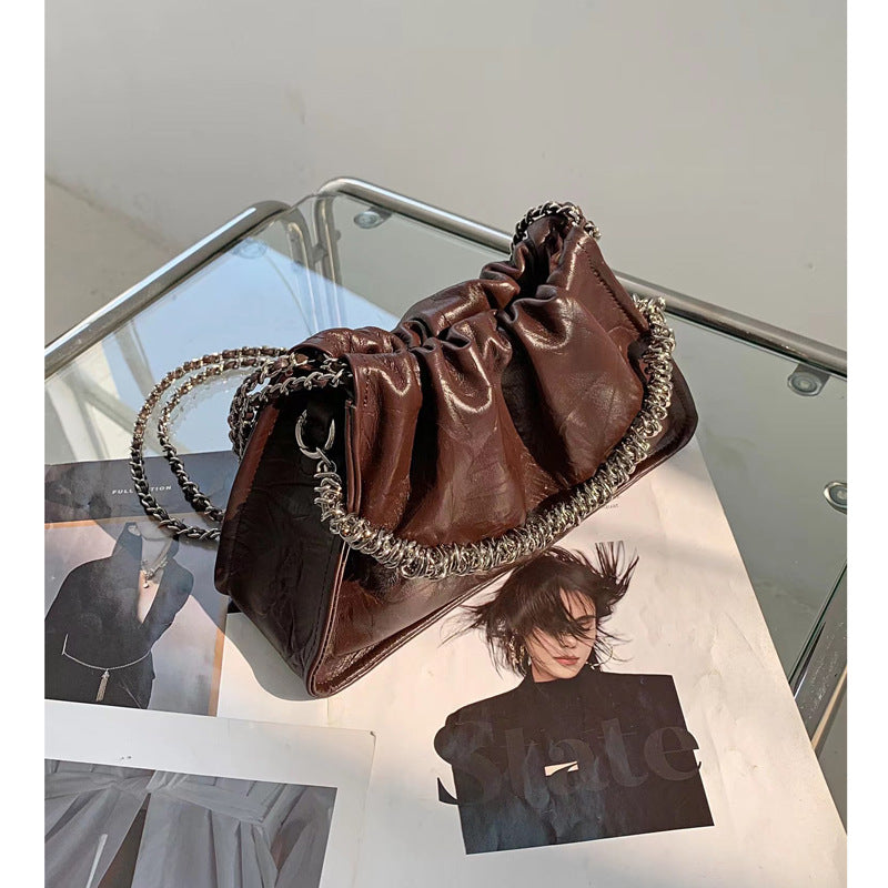 Genuine leather women's bag, high-end niche pleated chain cloud bag 2024 new armpit bag, crossbody bag, tote bag