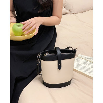 Small bucket bag for women 2024 new cowhide shoulder bag niche fashion contrasting crossbody bag high-end genuine leather bag for women